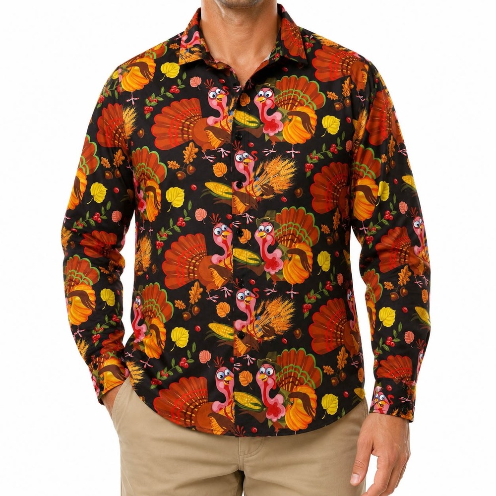 Jogal Mens XL Thanksgiving Turkey Harvest Print Button Down Shirt Black Holiday
